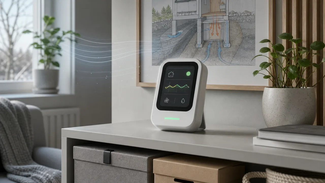 Digital radonsensor i ett rum som följer radon och luftkvalitet över tid.