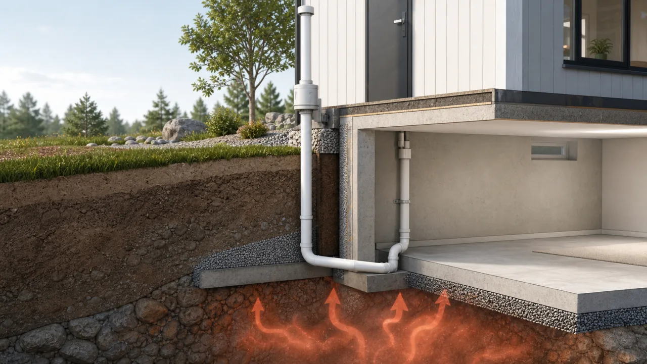 Illustration av radonsug som leder bort radon från marken under huset.