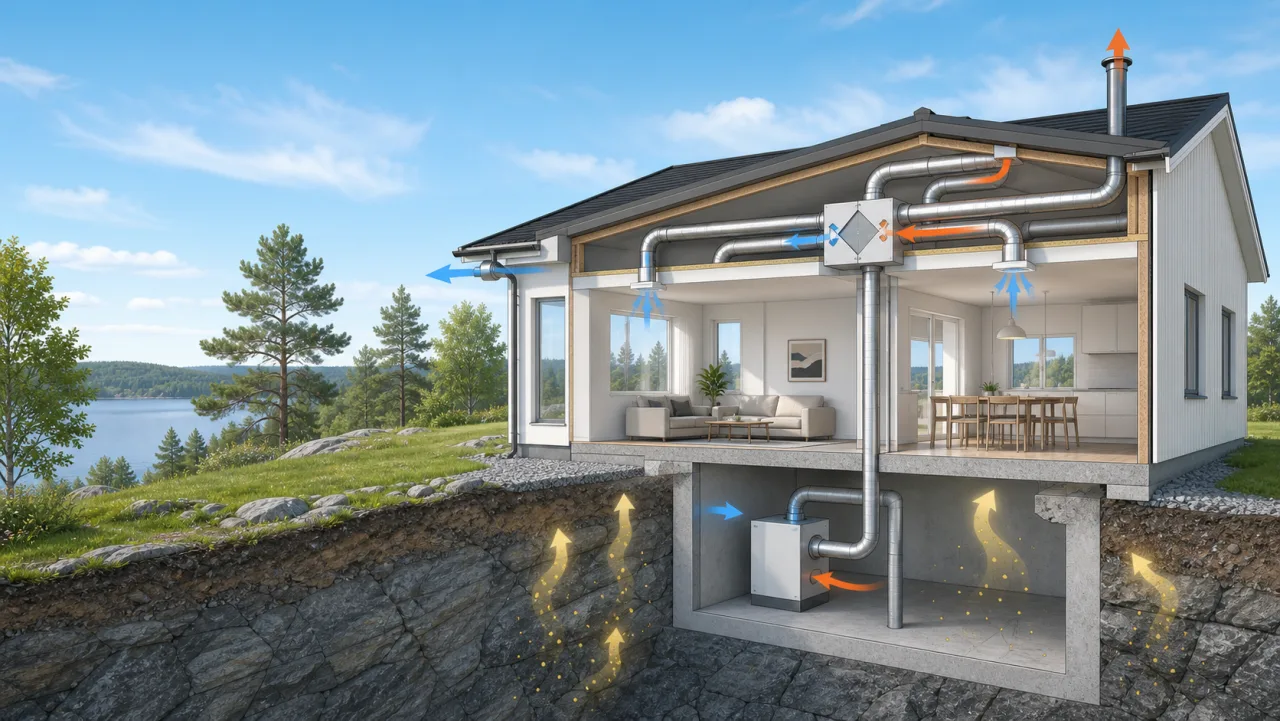Illustration av ventilation och luftflöden som späder ut radon i ett hus.